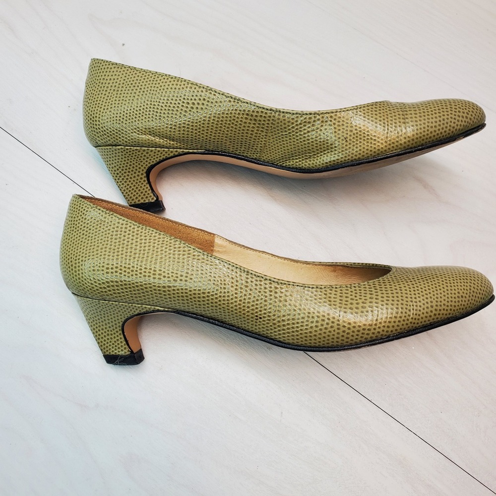 Johansen Vntg Lizard Embossed Leather Heels Olive Green Pointed Toe Pumps Size 5 - Picture 6 of 12